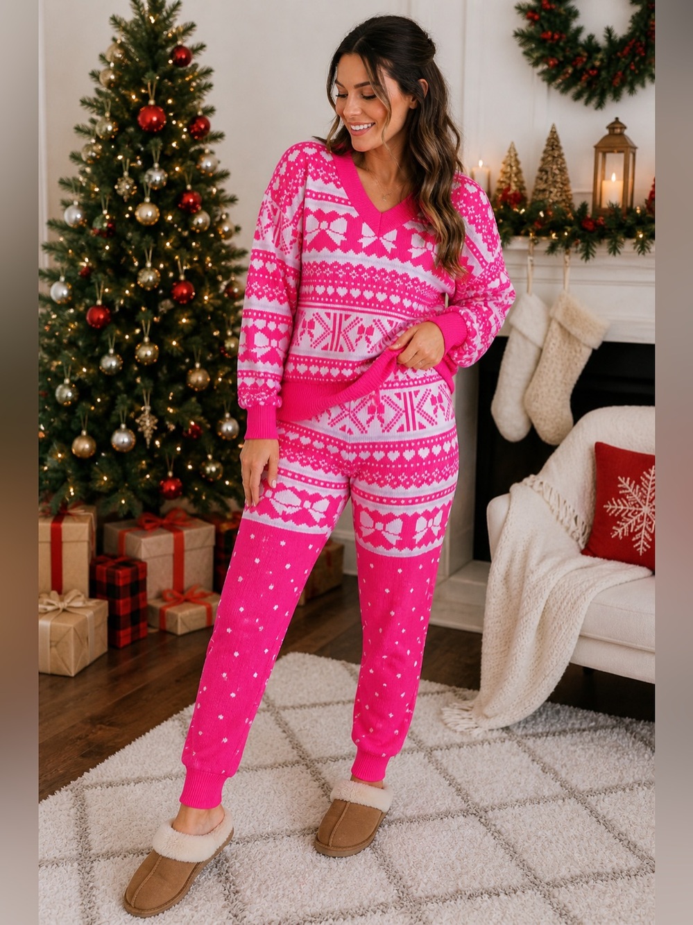 NEW Poof‎ by New York Women's Christmas Bow & Hearts 2 Piece Pink Pajama Sets